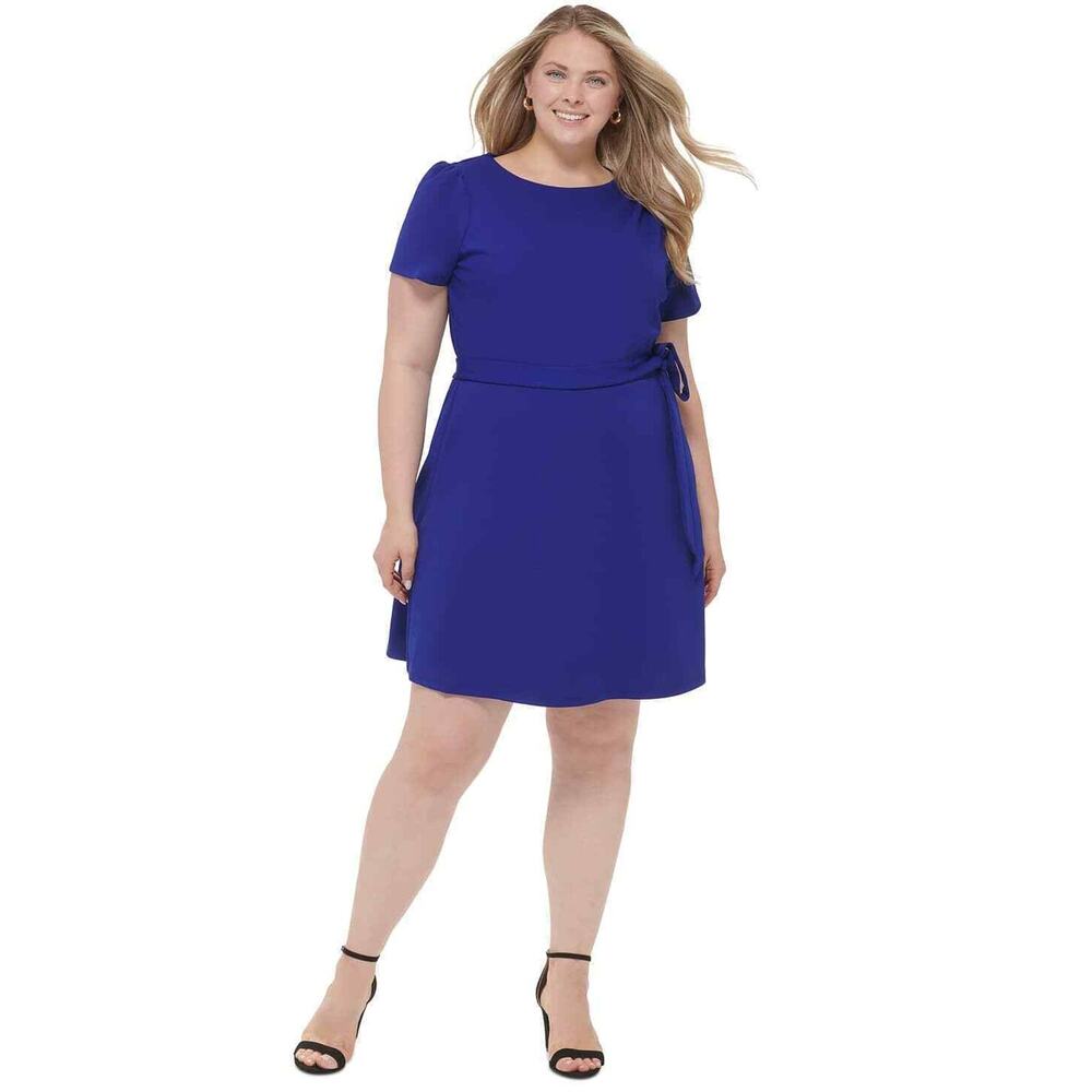 DKNY Women's Plus Size Blue Short-Sleeve Crewneck Fit & Flare Dress - 20W - Blue
